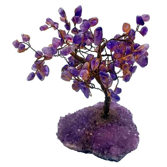 Handmade Amethyst Gemstone Bonsai Tree Of Life W/ Purple Crystal Geode Base - Picture 6 of 8